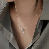 925 Silver Bow-knot Zircon Pendant Clavicle Necklace Women Jewelry