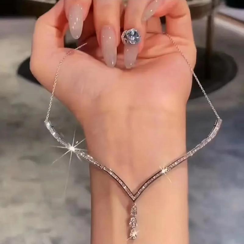 925 Silver Geometric CZ Y Shape Pendant Necklace Choker Jewelry