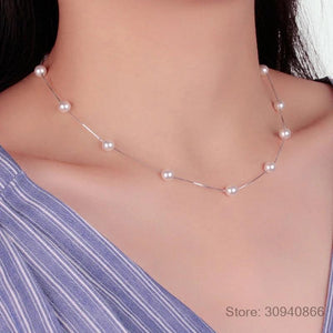 925 Silver Synthesis Pearl Chain Clavicle Necklace Wedding Party S925 Jewelry