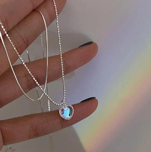 925 Silver Moonstone Heart Pendant Necklace Tassel Choker for Women Wedding