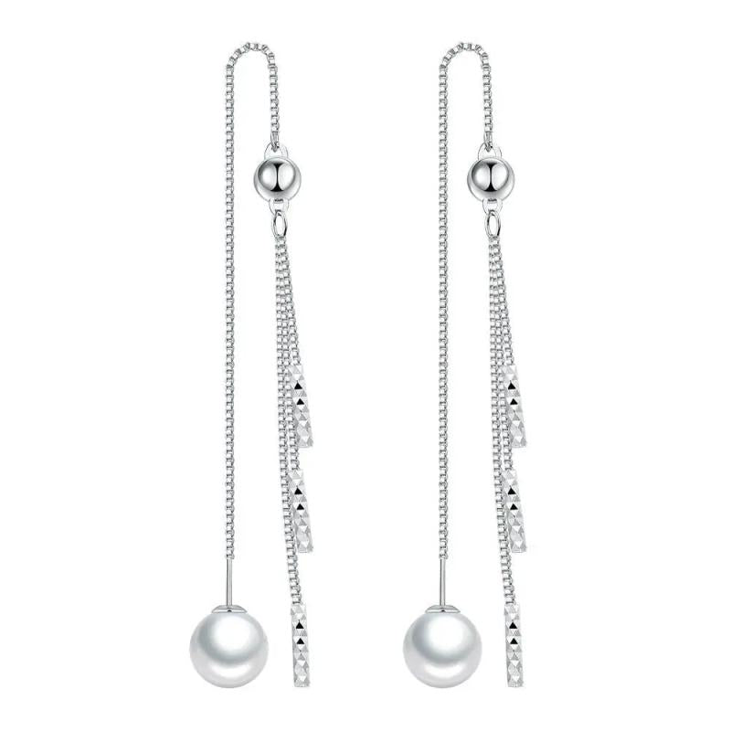 Tassel Ear Line Pearl Drop Earrings Silver Jewelry for Girls
