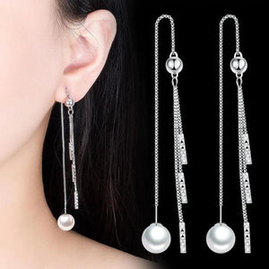 Tassel Ear Line Pearl Drop Earrings Silver Jewelry for Girls
