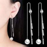 Tassel Ear Line Pearl Drop Earrings Silver Jewelry for Girls