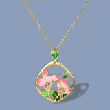 925 Silver Pink Flowers Pendant Necklace Pink Epoxy Enamel Jewelry