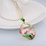 925 Silver Pink Flowers Pendant Necklace Pink Epoxy Enamel Jewelry
