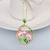 925 Silver Pink Flowers Pendant Necklace Pink Epoxy Enamel Jewelry