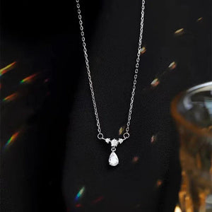 925 Silver Droplet Zircon Pendant Necklace, Feminine Charm Collar Chain