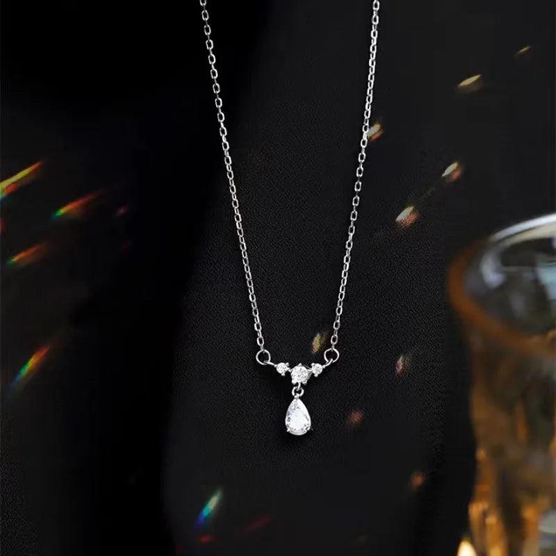 925 Silver Droplet Zircon Pendant Necklace, Feminine Charm Collar Chain