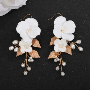 Silver Crystal Earring Flower Leaf Wedding Jewelry Pearl Bridal Party Rhinestone