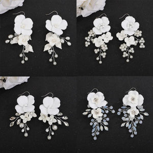 Silver Crystal Earring Flower Leaf Wedding Jewelry Pearl Bridal Party Rhinestone