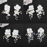 Silver Crystal Earring Flower Leaf Wedding Jewelry Pearl Bridal Party Rhinestone