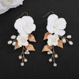 Silver Crystal Earring Flower Leaf Wedding Jewelry Pearl Bridal Party Rhinestone