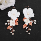 Silver Crystal Earring Flower Leaf Wedding Jewelry Pearl Bridal Party Rhinestone
