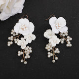 Silver Crystal Earring Flower Leaf Wedding Jewelry Pearl Bridal Party Rhinestone