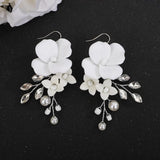 Silver Crystal Earring Flower Leaf Wedding Jewelry Pearl Bridal Party Rhinestone