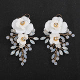 Silver Crystal Earring Flower Leaf Wedding Jewelry Pearl Bridal Party Rhinestone