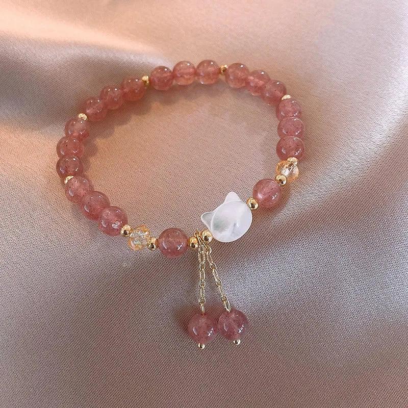 Sweet Shell Pearl Cat Animal Strawberry Quartz 14K Bracelet