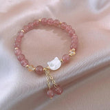Sweet Shell Pearl Cat Animal Strawberry Quartz 14K Bracelet