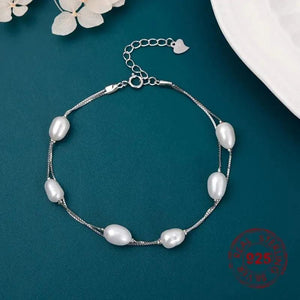 925 Silver Freshwater Pearl Bracelet, 6 Beads Double Chain Wrist Bangle