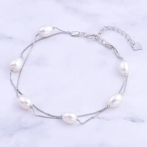 925 Silver Freshwater Pearl Bracelet, 6 Beads Double Chain Wrist Bangle