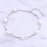 925 Silver Freshwater Pearl Bracelet, 6 Beads Double Chain Wrist Bangle
