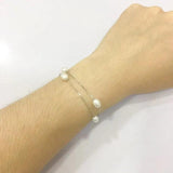 925 Silver Freshwater Pearl Bracelet, 6 Beads Double Chain Wrist Bangle
