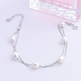 925 Silver Freshwater Pearl Bracelet, 6 Beads Double Chain Wrist Bangle