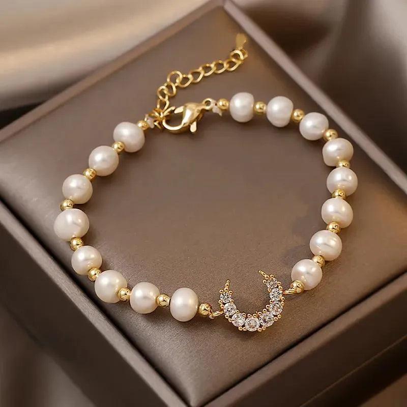 Crystal Moon Freshwater Pearl 14K Filled Bracelet For Women