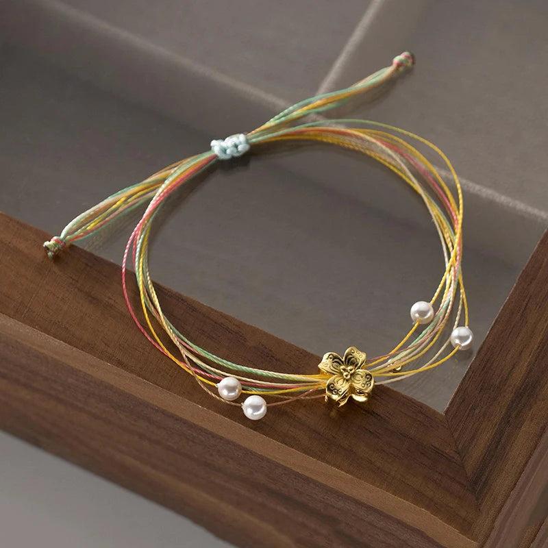 925 Silver Pearl Flower Rope Bracelet Women's Fine Jewelry