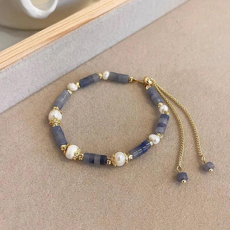 Natural Freshwater Pearl & Jade Stone 14K Filled Ladies Charm Bracelet