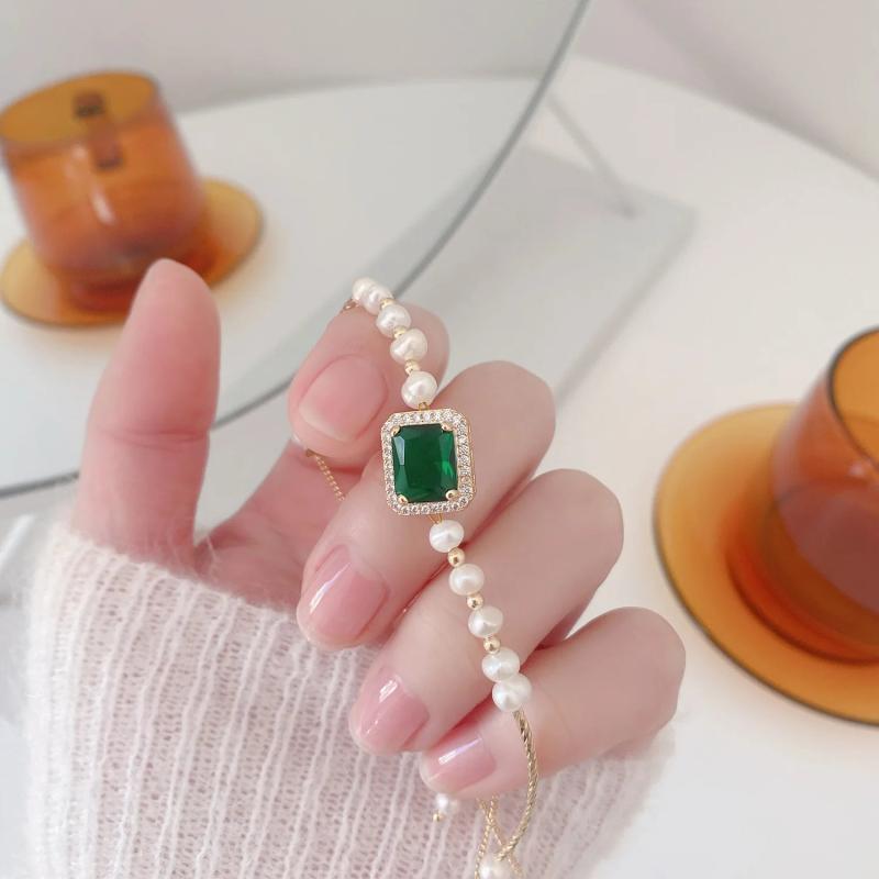 Square Green Zircon Crystal Bracelet Freshwater Pearl Women Bracelet