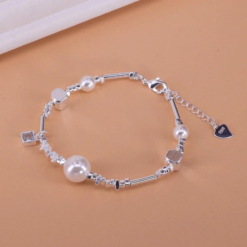 925 Silver Pearl Irregular Beads Geometric Punk Bracelet Gift
