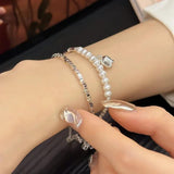 925 Silver Flower Bracelet for Women Girl Pearl Splicing Style