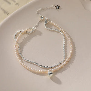 925 Silver Round Bead Double Layer Bracelet Pearl Charm Birthday Gift