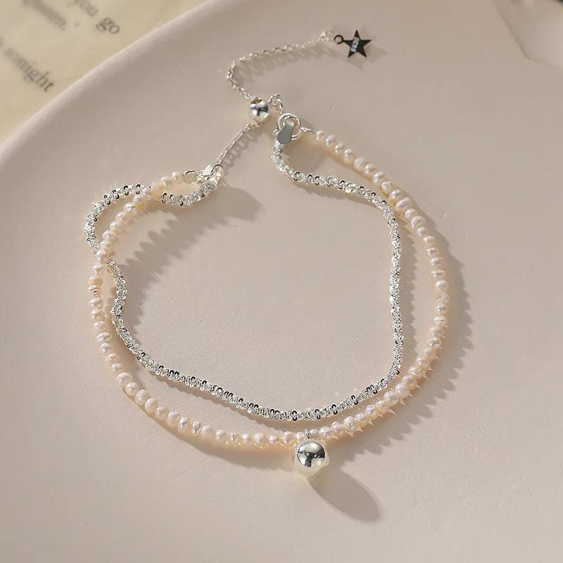 925 Silver Round Bead Double Layer Bracelet Pearl Charm Birthday Gift