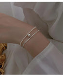 925 Silver Round Bead Double Layer Bracelet Pearl Charm Birthday Gift