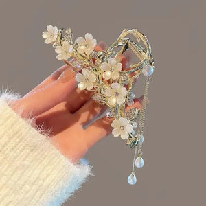 Pearl Flower Tassel Hair Claw for Women Girls