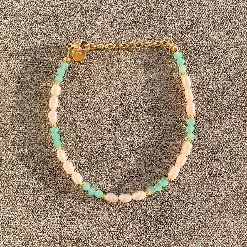18KGF Pearl Bracelet with Natural Stone Crystal Bangle