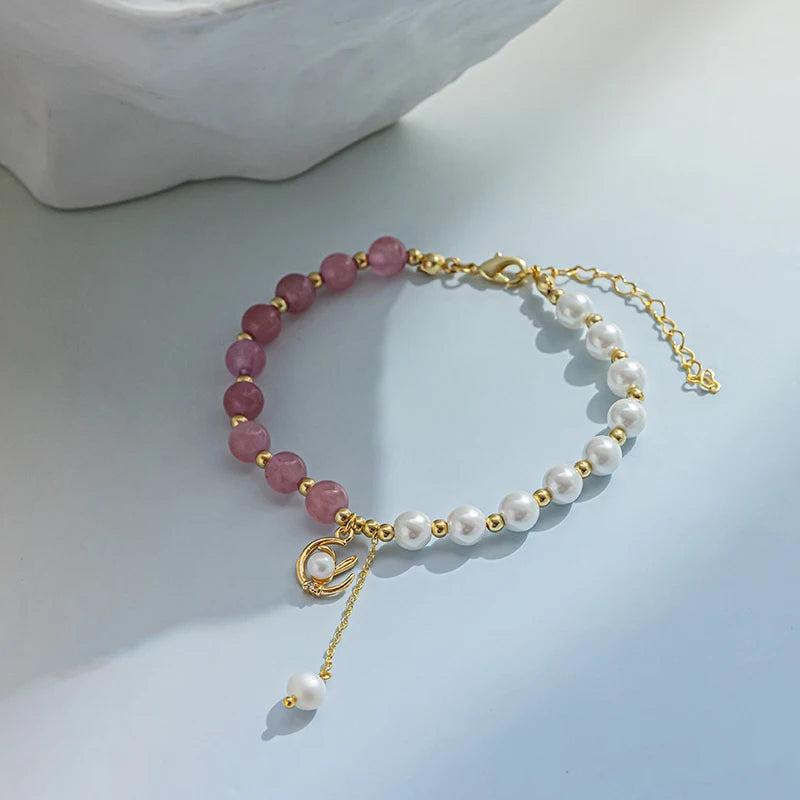Shell Pearl & Strawberry Quartz Bracelet for Women