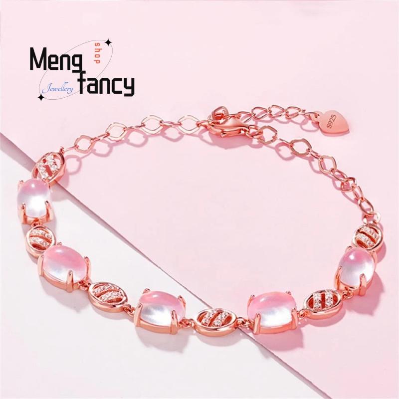Pink Crystal Lucky Bracelet 925 Silver Natural Stone Charms Fine Jewelry Women