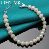 925 Silver 8mm Pearl Bracelet Women Wedding Party Charm Jewelry