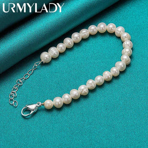 925 Silver 8mm Pearl Bracelet Women Wedding Party Charm Jewelry