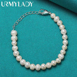 925 Silver 8mm Pearl Bracelet Women Wedding Party Charm Jewelry