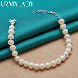 925 Silver 8mm Pearl Bracelet Women Wedding Party Charm Jewelry