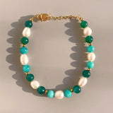 18KGF Freshwater Pearl Beads Green Stone Bracelet Women Yoga Healing