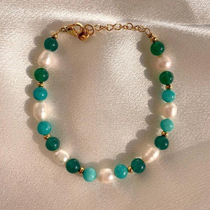 18KGF Freshwater Pearl Beads Green Stone Bracelet Women Yoga Healing