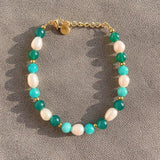 18KGF Freshwater Pearl Beads Green Stone Bracelet Women Yoga Healing