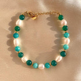 18KGF Freshwater Pearl Beads Green Stone Bracelet Women Yoga Healing