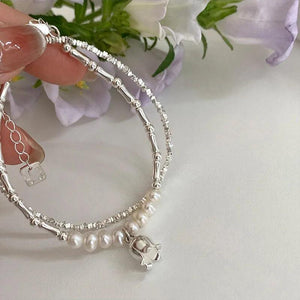 925 Silver Pearl Beads Adjustable Flower Bracelet for Women