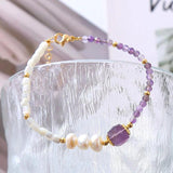 Vintage Purple Stone Pearl Bracelet 18KGF Stainless Steel Fine Jewelry Gift